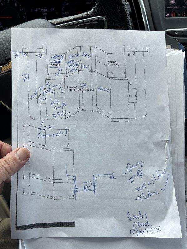 Conducted comprehensive HVAC system evaluation for residential property with existing 2010 Carrier furnace installation. Assessed current heating system condition, evaluated ductwork infrastructure showing age-related wear and dust accumulation, and provided complete system replacement options including add-on air conditioning configurations. Documented existing basement mechanical room layout with measurements and prepared detailed proposal drawings outlining equipment placement, venting requirements, and system specifications for full HVAC system upgrade to address aging equipment concerns.