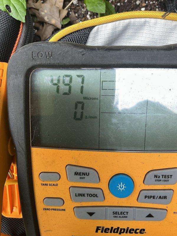 Replaced failed compressor on residential air conditioning system. Evacuated system to proper vacuum levels (497 microns verified), recharged with R-410A refrigerant to manufacturer specifications, and confirmed proper operation of all components.