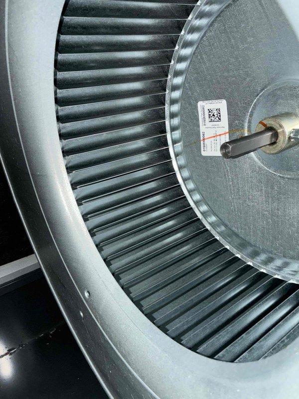Completed routine cooling maintenance on HVAC system, including thorough inspection of blower assembly and air filtration components. Inspected squirrel cage blower wheel and motor assembly, confirming proper operation and structural integrity with no signs of damage or excessive wear. Evaluated air filter condition, noting moderate dust and debris accumulation on pleated media, and documented filter status for replacement consideration to maintain optimal airflow and system efficiency.