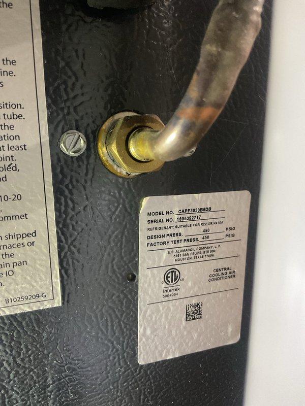 Completed comprehensive preventive maintenance on central air conditioning system, model CAPF0308BHD8. Performed system diagnostics using calibrated digital measurement instruments to verify proper temperature and humidity levels throughout the cooling cycle. Inspected refrigerant lines, compression fittings, and copper piping for signs of wear, leaks, or deterioration. Confirmed all manufacturer specifications and operational parameters are within acceptable ranges per unit rating plate indicating 450 PSIG design pressure. All components functioning properly with no deficiencies noted.