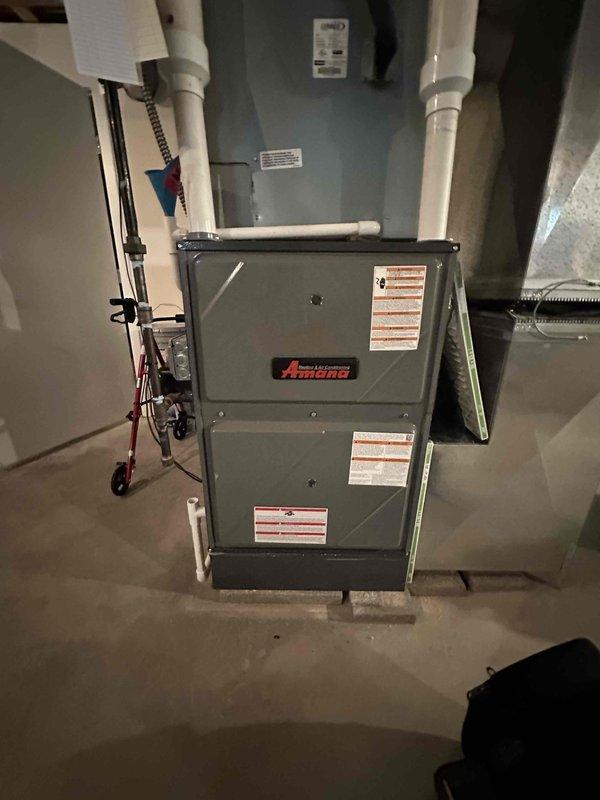 Completed scheduled preventive maintenance on residential split-system air conditioning unit. Performed comprehensive inspection of indoor Amana furnace with cooling coil and outdoor condensing unit. Checked refrigerant pressures, verified proper airflow, inspected electrical connections and controls, tested thermostat operation, and cleaned condenser coils. All components found operating within manufacturer specifications with no deficiencies noted.