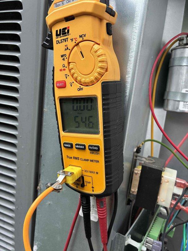 Completed preventative maintenance tune-up on cooling system. Performed electrical diagnostics using clamp meter to verify proper amperage draw and system performance. Inspected and serviced air filter, which showed normal dust accumulation from regular operation.