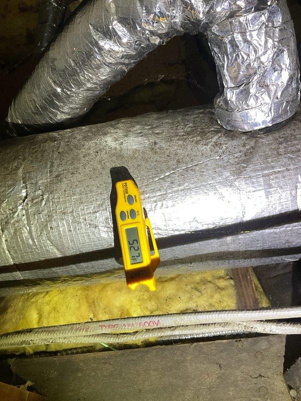 Completed routine cooling system maintenance as part of recurring service plan. Performed comprehensive inspection of air distribution system, including ventilation grilles and return air pathways, noting minor dust accumulation on vent covers. Accessed attic space to inspect HVAC ductwork and insulation integrity. Evaluated flexible duct runs for proper installation and airflow efficiency. Conducted temperature differential measurements using digital instrumentation across insulation and air distribution components to verify system performance. Confirmed adequate insulation levels and proper vapor barrier installation surrounding ductwork. System operating within normal parameters with no immediate service concerns identified.
