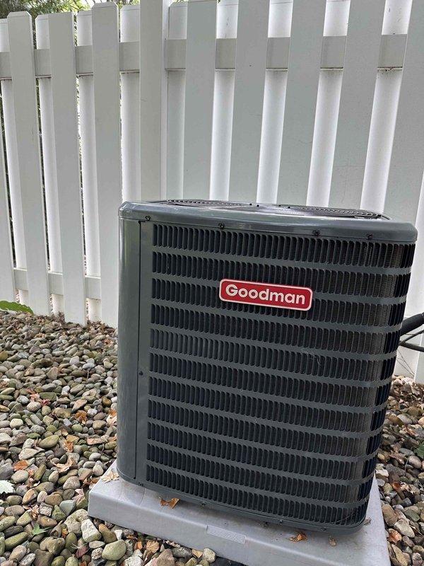 Completed cooling tune-up on Goodman outdoor condensing unit. Performed standard maintenance inspection including electrical connections at terminal block, verified all wire terminations secure, and assessed overall system condition. Unit operating properly with no issues identified; exterior components and electrical connections found in good working order.