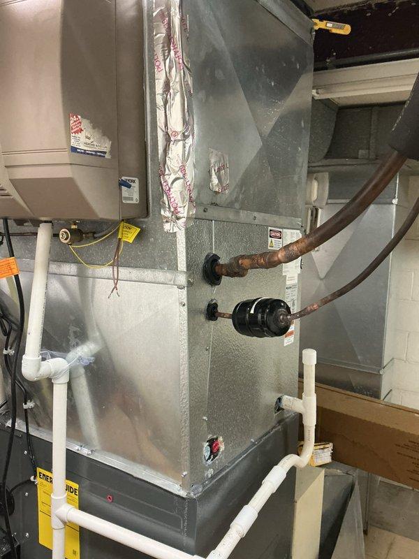 Returned to property to complete evaporator coil replacement on indoor air handler unit. Removed and replaced failed evaporator coil assembly. Verified proper refrigerant line connections to outdoor condensing unit. System tested and confirmed operational upon completion of repair.