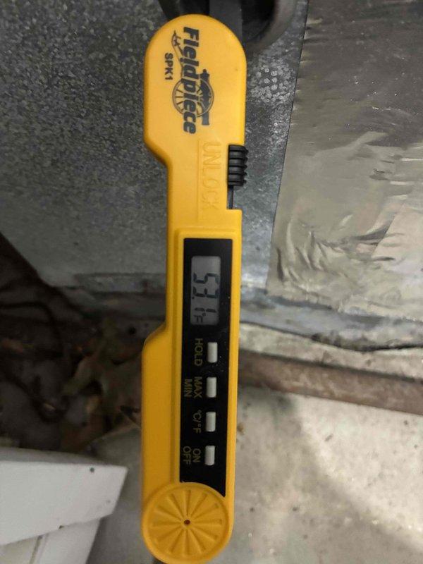 Completed routine HVAC cooling system maintenance on residential air conditioning unit. Performed comprehensive inspection of electrical components including capacitor, contactor, and wiring connections, documenting system condition with detailed photographs. Measured and recorded supply air temperature at 57.5°F using calibrated digital instrumentation, confirming proper cooling operation and system performance within manufacturer specifications.