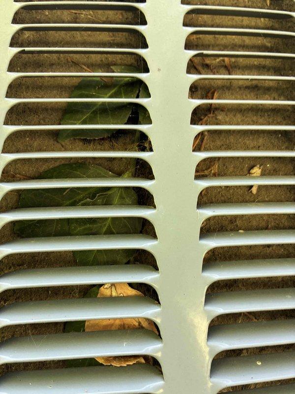 # HVAC Cooling Maintenance - Window Unit Service

Performed scheduled preventive maintenance on window-mounted air conditioning unit. Upon arrival, inspection revealed significant debris accumulation on exterior ventilation grilles and louvers, including heavy dust buildup, dirt coating, and organic matter such as dried leaves trapped between horizontal slats. Thoroughly cleaned all exterior grilles and louvers, removing accumulated debris and restoring proper airflow through ventilation openings.

Conducted inspection of associated attic space and discovered extensive frost and ice crystal formation on roof decking, rafters, and HVAC ductwork, indicating potential condensation and insulation issues. Documented conditions of spray foam insulation showing cracking and deterioration. Assessed dark-colored ductwork components displaying frost accumulation on exterior surfaces. System operational following cleaning and inspection procedures completed per maintenance protocol.
