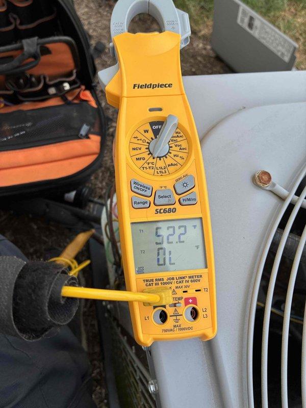 Completed cooling tune-up on residential HVAC system. Inspected and tested electrical components including capacitor connections and verified proper wire terminations. Measured system amperage at 522 amps DC using clamp meter to confirm operational parameters within manufacturer specifications.