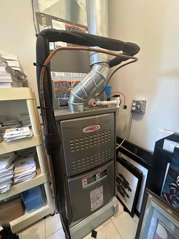 Completed preventative maintenance on two residential cooling systems. Performed standard inspection procedures including checking refrigerant lines, verifying electrical connections at the contactor, and inspecting the Lennox furnace unit and associated air handler. Examined condensate drain line for proper operation and assessed ductwork connections. All accessible components were visually inspected and found to be functioning within normal parameters.