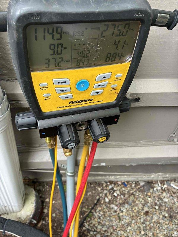 Returned to complete compressor replacement on air conditioning system. Successfully installed new compressor unit, evacuated and recharged system to manufacturer specifications, and verified proper operation with manifold gauges showing appropriate pressures and temperatures. System tested and left in full working order.