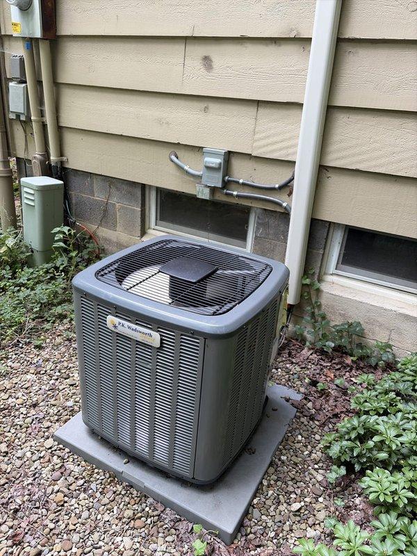 Completed comprehensive cooling season tune-up on residential outdoor condensing unit. Performed full system inspection, verified electrical connections and capacitor operation, tested CoreSense Diagnostics module functionality, and confirmed proper refrigerant line connections. Unit operating within normal parameters with all components functioning correctly.