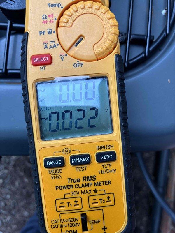 Performed comprehensive HVAC cooling system maintenance under MVP program. Conducted electrical diagnostics using True RMS power clamp meter, measuring amperage draw on compressor/condenser fan motor at 0.13A and line voltage at 249.6V to verify proper system operation and load characteristics. All measurements within normal operating parameters, confirming system functionality and electrical efficiency.