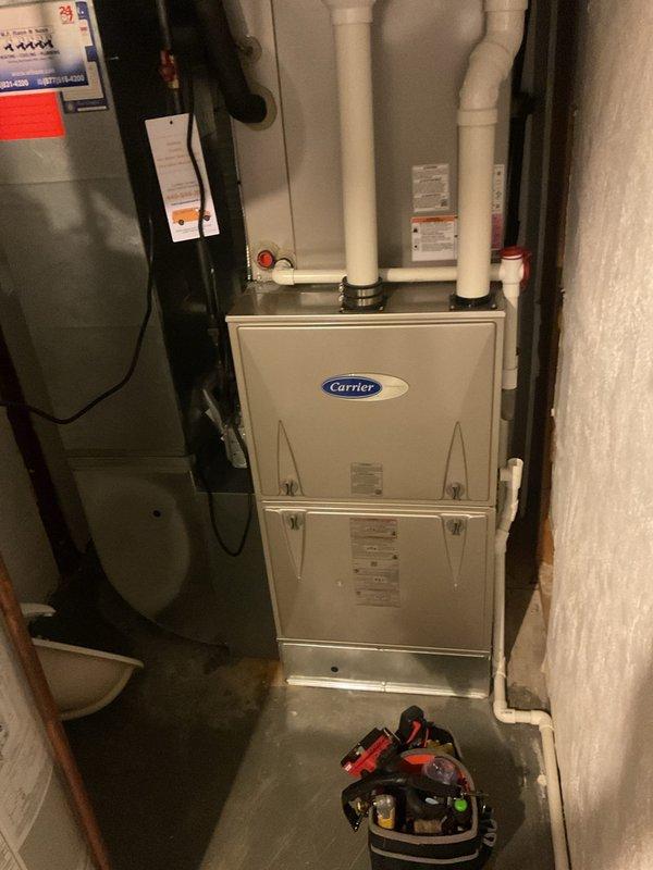 Completed preventive maintenance inspection on Carrier HVAC system. Performed standard cooling season checkup including system diagnostics and temperature readings within the air handler unit, which measured 155°F at the time of inspection. Verified proper operation of furnace and associated equipment, inspected PVC venting system for proper configuration, and ensured all components were functioning correctly for the upcoming cooling season.