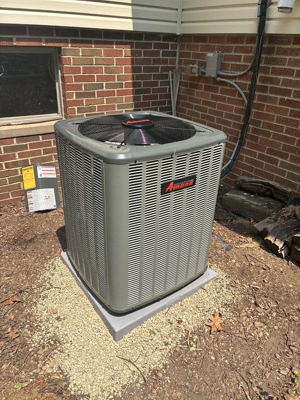 Completed full HVAC system installation including 96% efficiency furnace and matching air conditioning unit. Installed Amana outdoor condensing unit on composite pad with proper clearances, ran refrigerant lines through exterior wall, and ensured all electrical connections and drainage systems were properly configured. System tested and verified operational, with all equipment meeting manufacturer specifications and local code requirements.