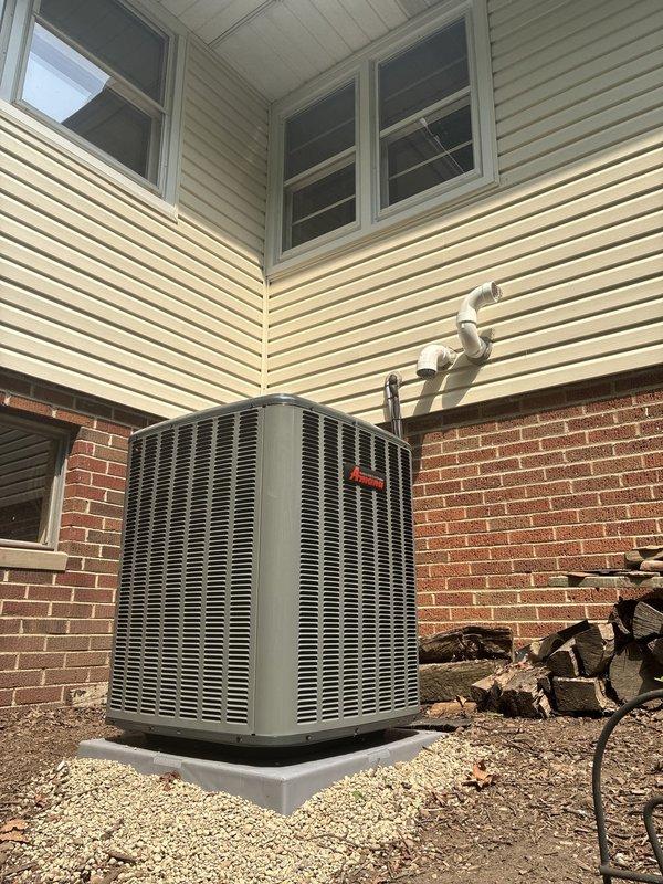 Completed full HVAC system installation including 96% efficiency furnace and matching air conditioning unit. Installed Amana outdoor condensing unit on composite pad with proper clearances, ran refrigerant lines through exterior wall, and ensured all electrical connections and drainage systems were properly configured. System tested and verified operational, with all equipment meeting manufacturer specifications and local code requirements.