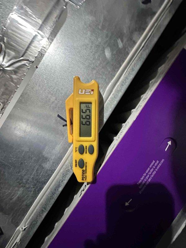 Completed scheduled preventive maintenance on residential cooling system. Upon inspection, discovered significant frost and ice accumulation on evaporator coil, indicating restricted airflow or potential refrigerant issue. Documented system temperatures with digital gauge reading 66.5°F at supply duct. Performed standard maintenance protocol including visual inspection of all accessible components, ductwork connections, and drain pan assembly.