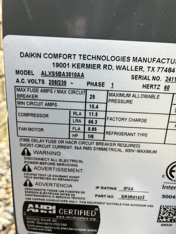 Replaced failed 30-amp Tri-onic dual-element time-delay fuse (model TR30R, 250V AC) on Daikin outdoor condensing unit model ALXS6BA3010AA. Unit restored to proper operation with correct amperage protection per manufacturer specifications.