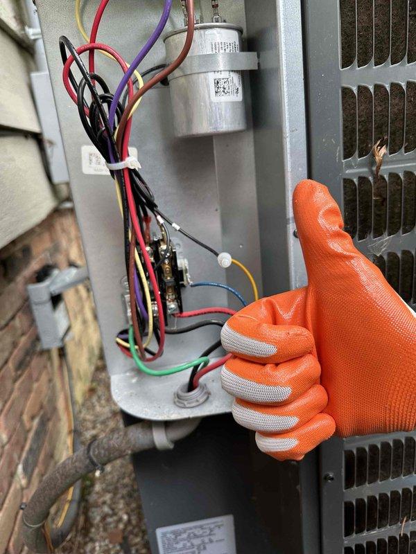 Completed preventative maintenance on residential cooling system. Inspection revealed frost accumulation on evaporator coil fins and upper frame assembly, indicating possible airflow restriction or refrigerant charge issues. Examined electrical components including capacitor and wiring connections, verified proper connections of all conductors, and ensured system components were functioning within normal parameters.