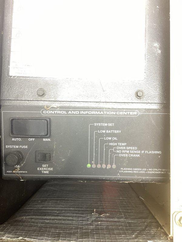 Performed scheduled maintenance on Generac standby generator system. Inspected control and information center panel, verified all indicator lights and control functions operating properly, and confirmed AUTO/OFF/MAN selector switch functionality. Checked system fuse, oil level, coolant temperature, and battery voltage. Examined external components including fuel lines, connections, and mounting hardware for signs of wear or deterioration. All systems tested and found to be in proper working order with no fault conditions present.