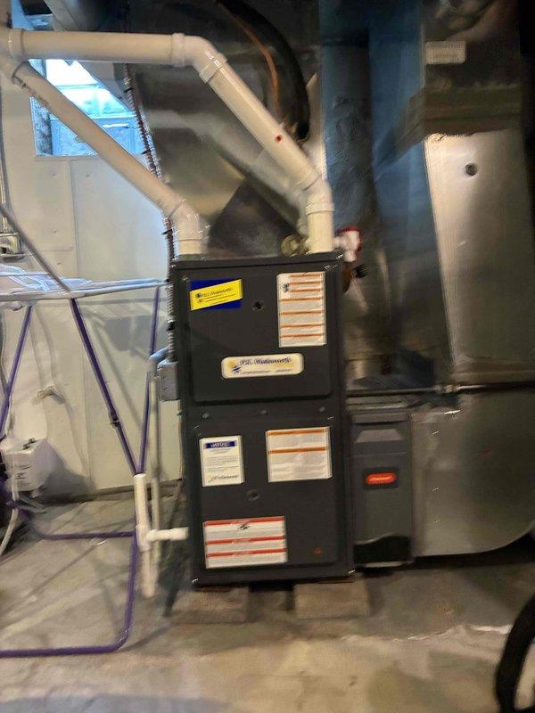 Completed preventive maintenance on two residential HVAC cooling systems. Performed comprehensive inspection of furnace unit with integrated cooling components, verified proper operation of blower assembly and fan motor, checked all safety labels and manufacturer specifications for compliance, and inspected ductwork connections and PVC condensate drainage lines. Both systems tested and operating within normal parameters.