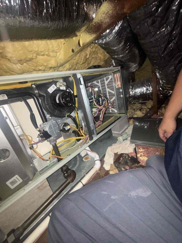 Completed cooling tune-up on two HVAC systems. Performed comprehensive inspection of air handler units located in attic space, including examination of blower motor assembly, electrical connections, and internal components. Verified proper operation of all mechanical systems, checked refrigerant lines and condensate drain connections, and ensured ductwork sealing remained intact.