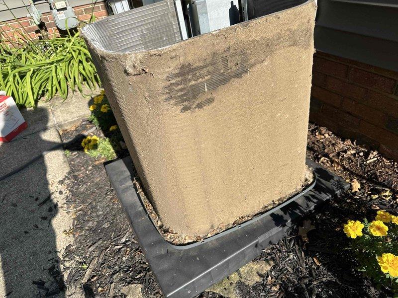 Performed comprehensive cleaning service on outdoor condensing unit that had accumulated excessive dirt, dust, and debris buildup. Thoroughly washed condenser coil fins to remove blockages and restore proper airflow, then cleaned compressor jacket and exterior surfaces to ensure optimal heat transfer and system efficiency.