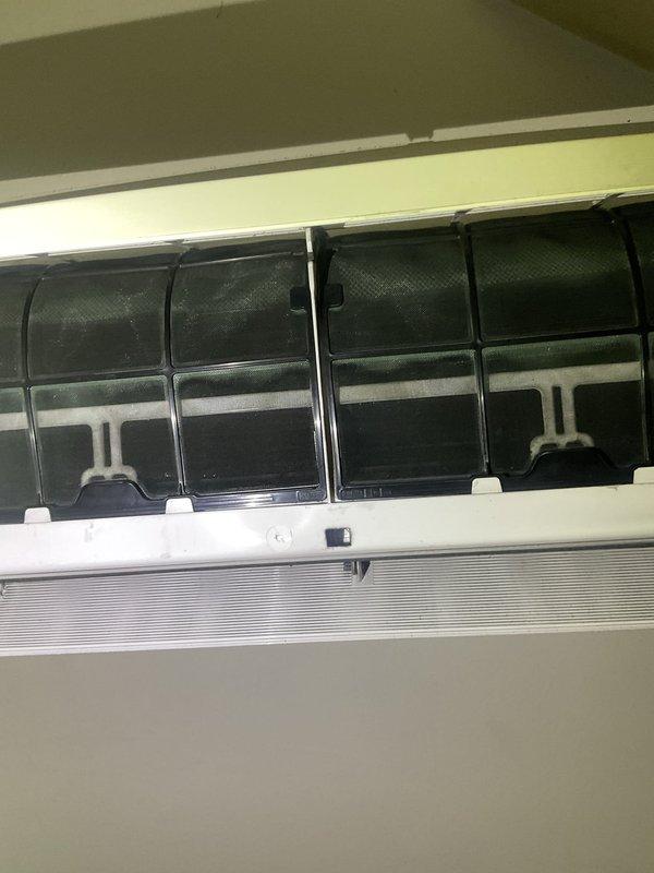 Completed scheduled maintenance on a Daikin ductless mini-split cooling system. Accessed and inspected air filters, which showed normal dust accumulation from regular operation. Verified proper mounting and operation of the wall-mounted indoor unit, confirming system functionality and readiness for continued cooling performance.
