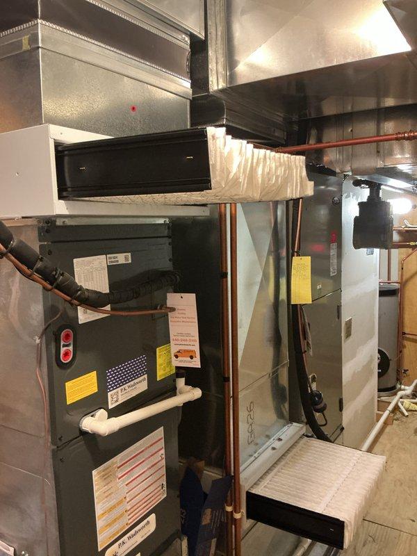 Completed scheduled preventive maintenance on residential split-system air conditioning unit. Performed comprehensive inspection of rooftop condenser unit and indoor air handler/furnace system. Checked refrigerant lines, electrical connections, and overall system operation. All components found to be functioning within normal parameters. Discussed customer inquiry regarding conversion of existing wireless thermostat to hardwired configuration for improved reliability and system integration.