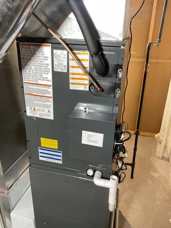 Completed routine cooling maintenance on two HVAC systems, including one indoor furnace unit with air handler located in the basement and one outdoor condenser unit. Performed standard preventive maintenance procedures on both systems, inspecting refrigerant lines, electrical connections, condensate drain lines, and ductwork connections on the indoor unit. Cleaned and inspected condenser coils, protective grille, and verified proper airflow on the outdoor unit. Both systems were found to be in good operational condition with no deficiencies noted, and all components were functioning within normal parameters upon completion of maintenance procedures.