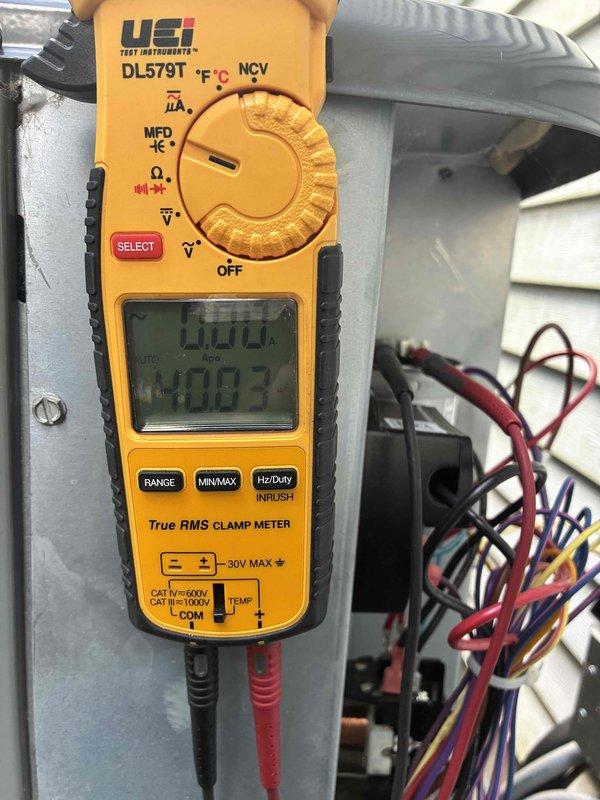 Completed scheduled cooling system maintenance visit on residential HVAC unit. Performed comprehensive electrical diagnostics using digital clamp meter to verify proper amperage draw and voltage readings across all system components, confirming equipment is operating within manufacturer specifications.