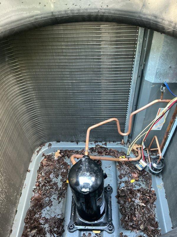 Replaced failed compressor under warranty on outdoor condensing unit. Unit interior showed significant debris accumulation including leaves and organic matter in base pan, which was cleared during service. Verified proper refrigerant line connections, tested electrical components, and confirmed system operation upon completion.