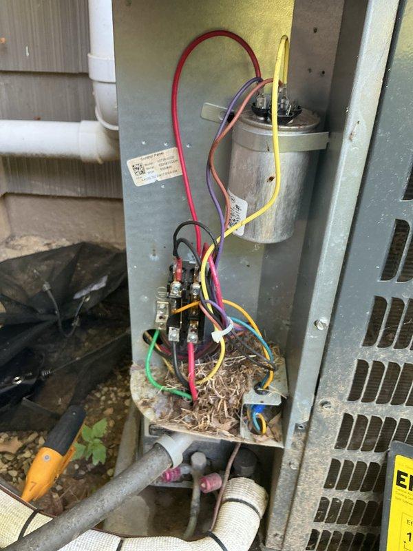 Completed scheduled cooling system maintenance on residential outdoor condensing unit. Upon inspection, discovered significant wildlife intrusion with bird nesting material accumulated inside electrical compartment around capacitor and contactor assembly, creating potential fire hazard and compromising system safety. Removed all nesting debris from cabinet, cleaned electrical components, and verified proper operation of capacitor and contactor. Inspected condenser coil for blockages, checked refrigerant levels, and tested system performance. Secured cabinet and confirmed unit operating within normal parameters.
