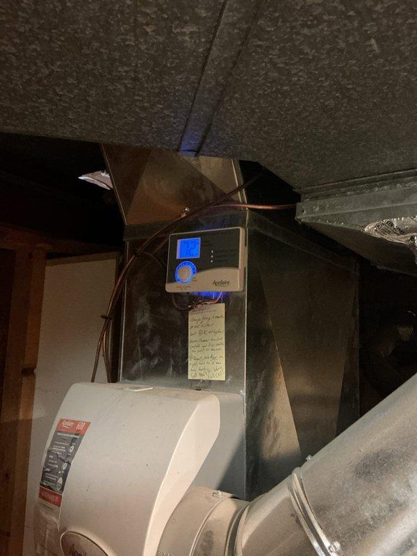 Responded to emergency no-cooling call on 3-year-old system. Located severed low-voltage wire in attic space between HVAC equipment and thermostat. Repaired damaged wire connection, restored power to system, and verified proper operation of Aprilaire humidifier control and cooling function.