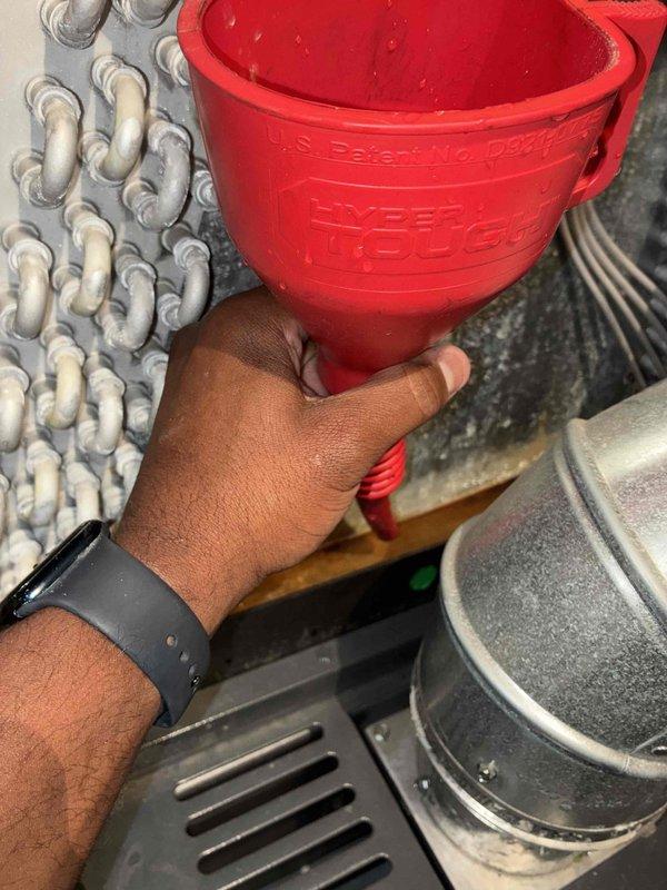 Responded to service call for reported evaporator coil leak on residential HVAC system. Upon arrival, performed diagnostic evaluation of the air conditioning and furnace unit. Conducted electrical testing of the outdoor condensing unit components using multimeter to verify proper system operation and rule out any electrical issues that could affect system performance. Inspected capacitors, contactor, and associated wiring connections within the outdoor unit's control panel. Proceeded to indoor unit to investigate reported leak condition at evaporator coil assembly. Examined evaporator coil, drain pan, and condensate drainage system for signs of water accumulation or leakage. Applied dye or leak detection methods to identify source of moisture issue. Documented equipment conditions through photographic evidence for service records and customer reference.