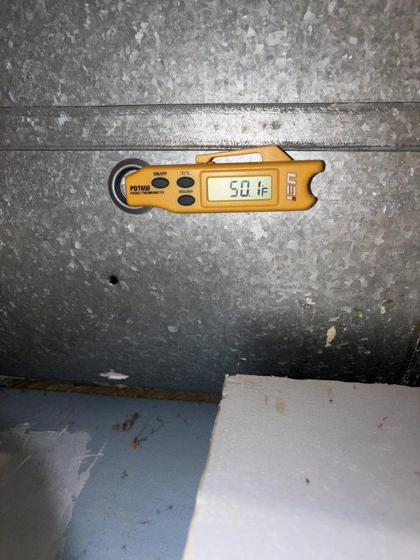 Completed routine preventative cooling maintenance as part of recurring service plan. Performed system inspection and diagnostics, with temperature readings confirming proper airflow and cooling performance at supply duct measuring 50.0°F to 50.8°F, indicating adequate heat transfer and system efficiency within normal operating parameters.