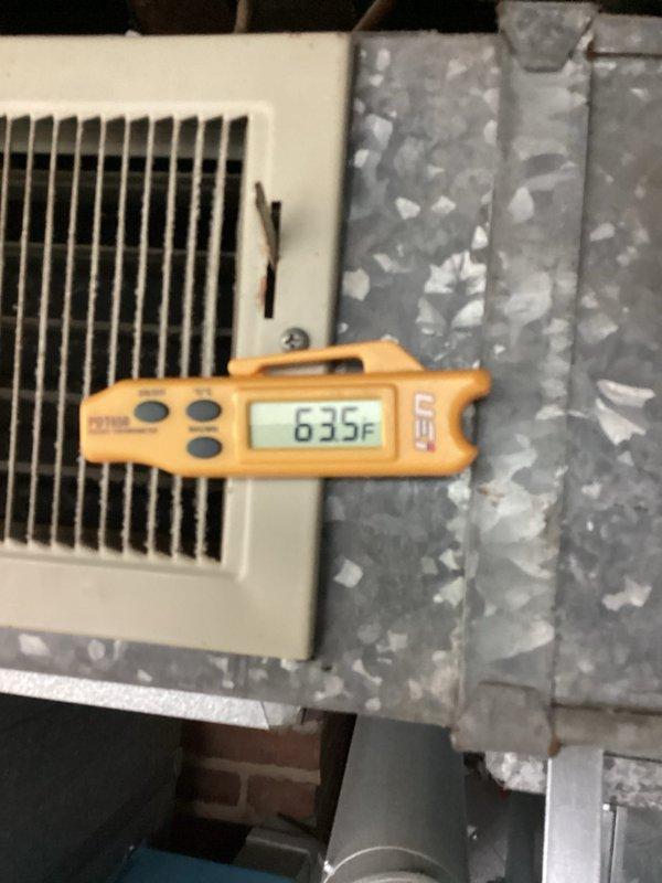 Completed routine cooling system maintenance on residential air conditioning unit. Performed comprehensive inspection of outdoor condenser unit, verified proper airflow through supply registers reading 63.5°F, and checked ductwork integrity. All components operating within normal parameters with no deficiencies noted. System confirmed ready for continued cooling season operation.