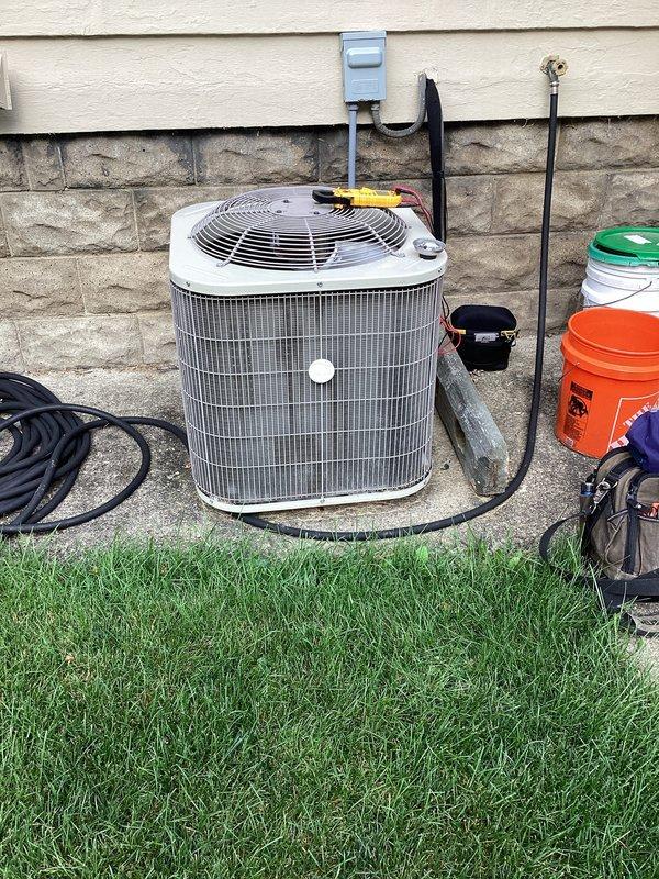 Completed routine cooling system maintenance on residential air conditioning unit. Performed comprehensive inspection of outdoor condenser unit, verified proper airflow through supply registers reading 63.5°F, and checked ductwork integrity. All components operating within normal parameters with no deficiencies noted. System confirmed ready for continued cooling season operation.