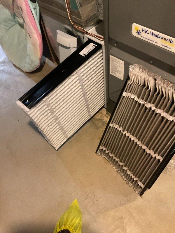 Completed routine cooling system maintenance on P.K. Wadsworth HVAC unit. Inspected and replaced air filters, verified electrical connections and capacitor operation, and examined CoreSense diagnostic system on Copeland scroll compressor. All components found operating within normal parameters with no immediate service needs identified.