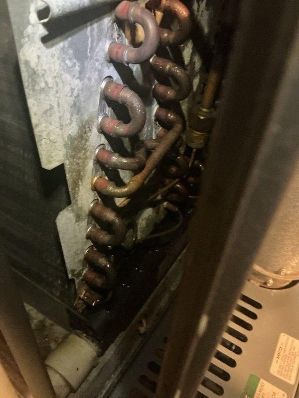 # HVAC Service Call - AC Water Leak Resolution

Responded to service call for air conditioning unit experiencing water leakage. Unit is approximately 7 years old, located at exterior installation.

Upon arrival, conducted thorough inspection of the condensing unit and associated drainage system. Examined refrigerant line configuration, noting aged copper tubing with oxidation consistent with system age. Inspected condensate drainage assembly, including white PVC piping with 90-degree elbow joints and black flexible corrugated drain line secured with hose clamps.

Identified condensate drain system as source of water leak. Checked drain line for proper pitch and blockages. Inspected drain pan and overflow connections. Verified condensate pump operation where applicable.

Cleared condensate drain line obstruction and ensured proper drainage flow. Tested system operation to confirm leak was resolved. Verified all drain connections were secure and properly sealed. Confirmed condensate was 