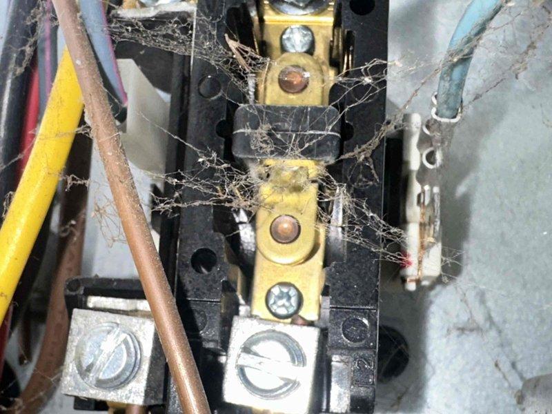 Completed scheduled preventive cooling maintenance on residential HVAC system. Inspected air handler unit, verified operational status of all components, and documented equipment condition with photographic records. Observed substantial dust and cobweb accumulation on electrical terminal connections within control panel, indicating extended service interval; noted minor moisture presence at equipment base requiring monitoring for potential condensate drain concerns.