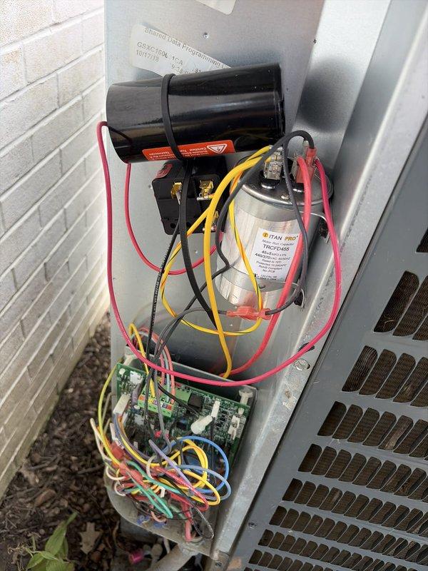 Completed scheduled cooling system maintenance on outdoor condensing unit and indoor air handler. Inspected electrical components including dual-run capacitor, control board connections, and contactor assembly with all wiring secure and functioning properly. Evaluated and documented air filtration system with 20x25x1 pleated media filter showing normal dust loading for service interval, confirmed proper airflow direction markings on ductwork, and verified system operational parameters within manufacturer specifications.