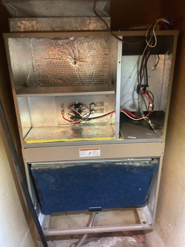 Completed scheduled preventive maintenance on residential HVAC cooling system. Performed comprehensive inspection of furnace and air handler components, removed access panels to verify internal components including heat exchanger, control board, and electrical connections. Checked all wiring harnesses for proper connections and signs of wear. Inspected blower assembly and verified filter condition. Utilized digital testing equipment to measure and document system performance parameters. Verified manufacturer specifications on unit nameplate and confirmed all safety labels present and legible. System operating within normal parameters with no immediate concerns identified.
