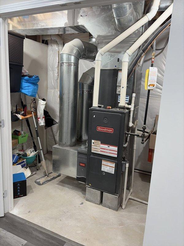 Completed scheduled preventive maintenance on a Goodman cooling system over 10 years old. Performed comprehensive inspection of all system components including condenser unit, evaporator coil, refrigerant lines, condensate drain assembly, and ductwork connections. Verified proper operation of all mechanical and electrical components, confirmed adequate airflow through the system, and ensured all connections were secure and functioning within manufacturer specifications.