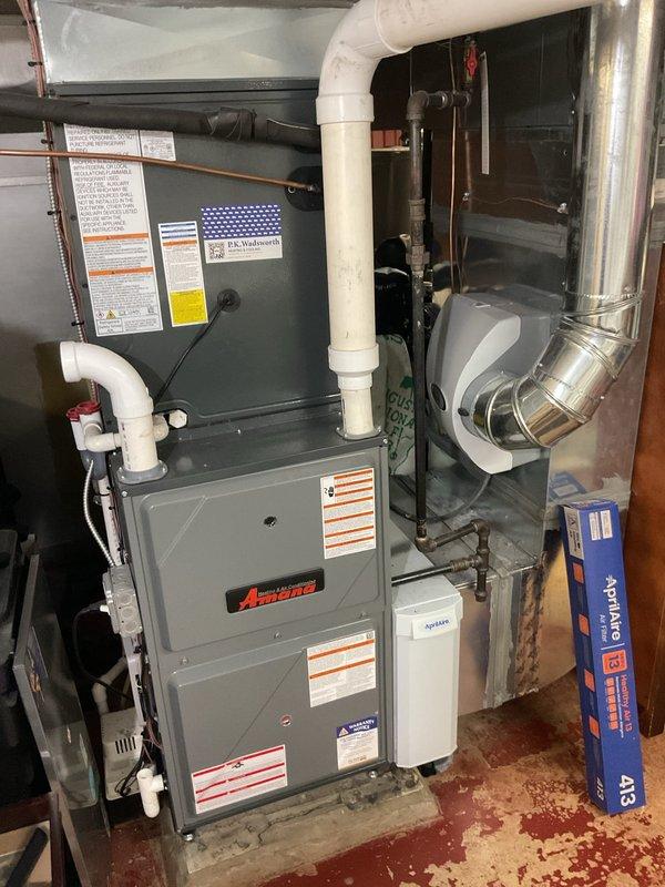 Completed first-year preventive maintenance on residential Amana cooling system. Performed comprehensive inspection of furnace unit, verified proper operation of all mechanical and electrical components, checked condensate drainage system and PVC piping connections, and inspected ductwork for proper airflow. All components found operating within normal parameters with no issues identified.