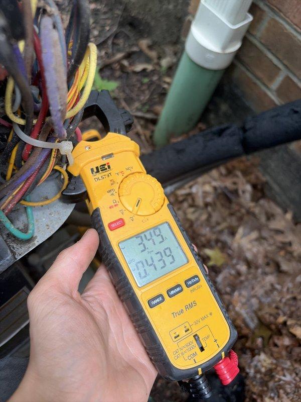 Completed preventive maintenance on residential cooling system. Performed electrical diagnostics using clamp meter, recording amperage readings of 24.3A at the outdoor condensing unit to verify proper compressor and fan motor operation. Inspected and tested capacitor connections and wiring at the outdoor unit, confirming all electrical connections were secure and within manufacturer specifications.

Replaced heavily soiled pleated air filter (16x25x1) with new filter. The removed filter showed significant dust accumulation throughout the pleated media, indicating proper filtration but requiring replacement to maintain adequate airflow and system efficiency. Verified proper filter installation and airflow direction. System operating normally with no issues identified.