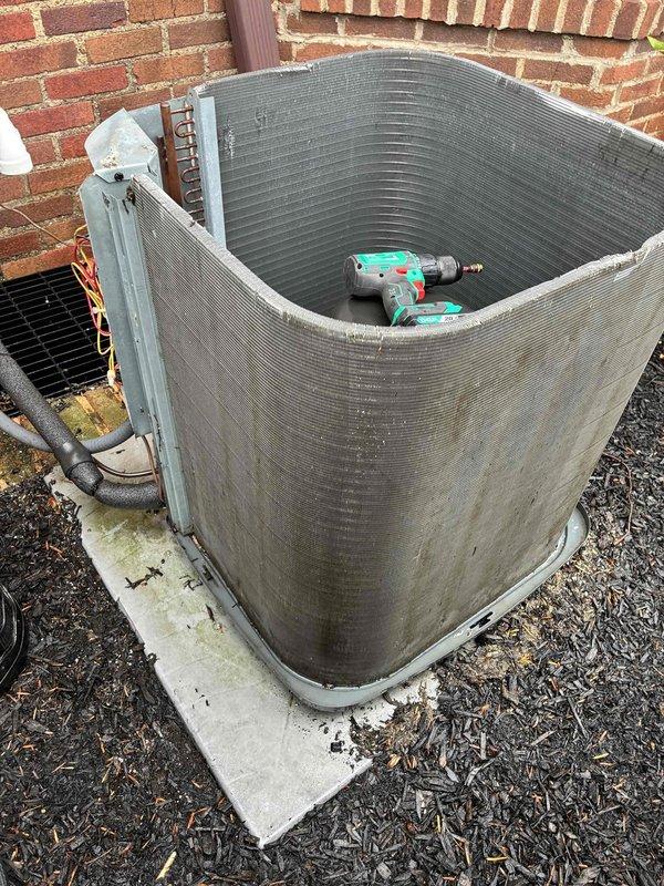 Completed preventive maintenance service on two residential air conditioning systems as part of recurring cooling season maintenance program. Performed comprehensive inspection of outdoor condenser units, including cleaning of exterior coils, verification of refrigerant line connections, and electrical component examination. Measured and documented system temperatures, with supply air temperature reading 57.5°F, indicating proper cooling performance. Removed access panels for internal inspection, checked refrigerant pressures, and confirmed both units operating within manufacturer specifications. All components found in good working condition with no immediate repairs required.