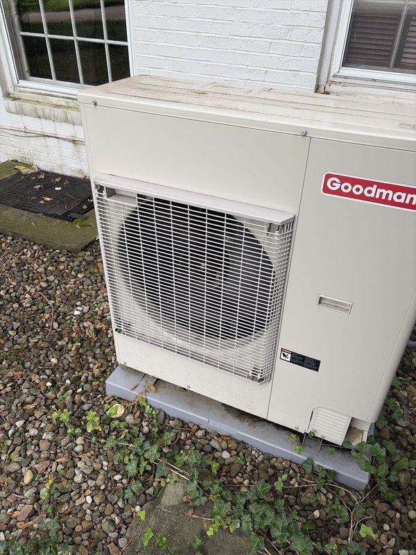 Completed scheduled preventive maintenance on two Goodman outdoor condensing units as part of ongoing cooling system service. Performed comprehensive inspection of both units including verification of proper airflow through louver vents, examination of exterior cabinet condition, assessment of mounting pad stability, and visual inspection for debris accumulation. Both systems were found to be in operational condition with no immediate service needs identified during this maintenance visit.