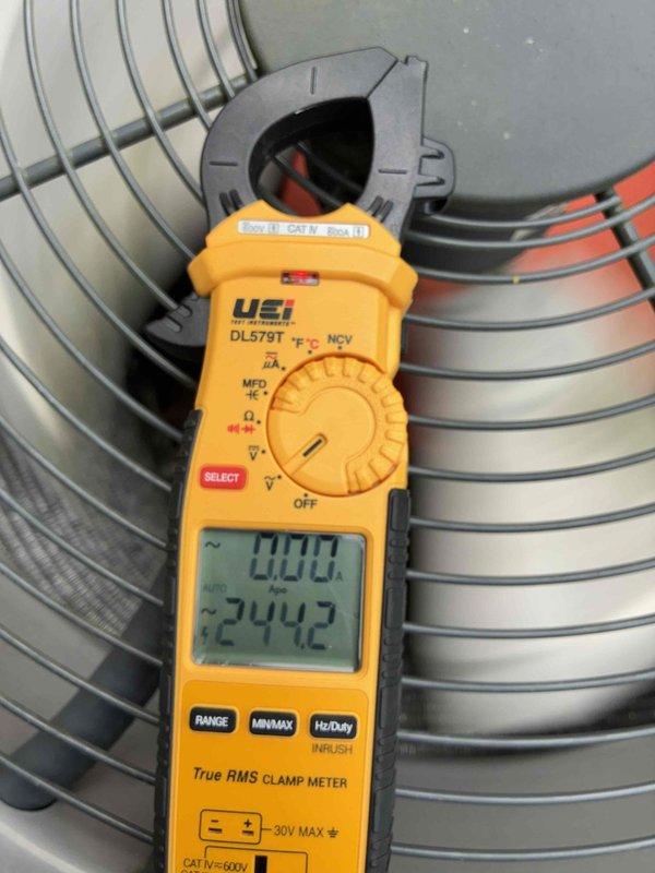 Performed preventative maintenance service on two residential AC units. Replaced air filters on both systems per customer request. Conducted electrical diagnostics using clamp meter on outdoor condenser unit, recording amperage readings of 444.4A and 242.2V to verify proper system operation. Inspected outdoor condenser unit including fan motor assembly and electrical connections. All systems operating within normal parameters upon completion of service.