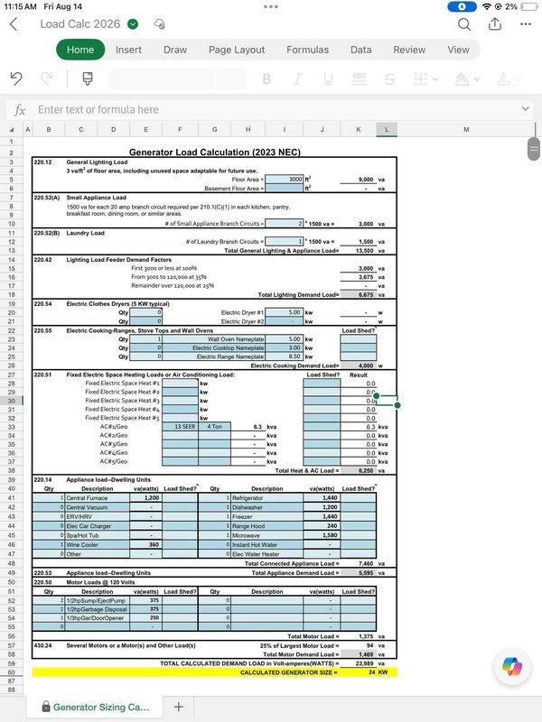 Performed comprehensive electrical load calculation site assessment for whole-home Generac generator installation utilizing propane fuel source. Documented existing electrical service parameters and completed detailed NEC 2023-compliant load calculations, determining total calculated demand load of 23,983 volt-amperes requiring 30kW generator capacity. Evaluated general lighting loads (3,000 square feet), small appliance circuits, laundry loads, electric dryers (5.00 kW), cooking appliances, HVAC systems, and various household appliances including central furnace, dishwasher, disposal, and freezer to establish proper generator sizing for automatic transfer switch configuration.