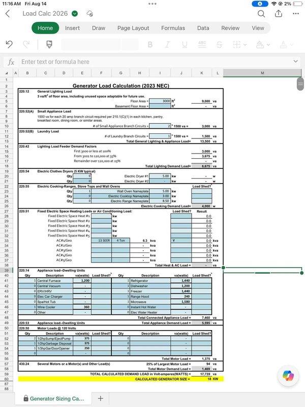 Performed comprehensive electrical load calculation site assessment for whole-home Generac generator installation utilizing propane fuel source. Documented existing electrical service parameters and completed detailed NEC 2023-compliant load calculations, determining total calculated demand load of 23,983 volt-amperes requiring 30kW generator capacity. Evaluated general lighting loads (3,000 square feet), small appliance circuits, laundry loads, electric dryers (5.00 kW), cooking appliances, HVAC systems, and various household appliances including central furnace, dishwasher, disposal, and freezer to establish proper generator sizing for automatic transfer switch configuration.